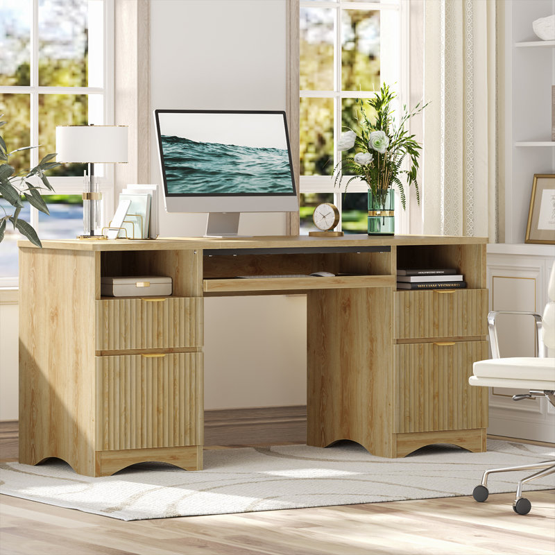 Luing 59''Fluted Executive Desks with File and Storage Drawers , Computer Writing Desk with Keyboard Tray, Home Office Desks with Cable Management and 2 Open Compartments