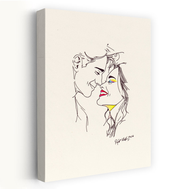 Couple romantique partageant un moment intime avec un maquillage coloré et des lèvres rouges vives, art mural moderne minimaliste contemporain