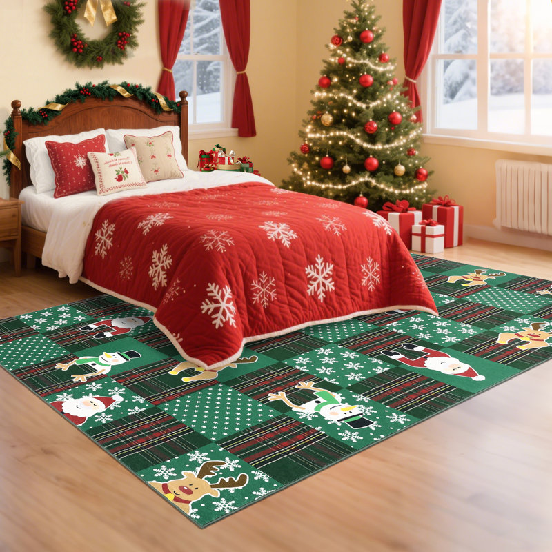 Christmas Living Room Area Rug, Cute Soft Santa Deer Snow Rugs for Nursery Bedroom Large Non Slip Foldable Lightweight Winter Holiday Carpet for Dining Room Playroom