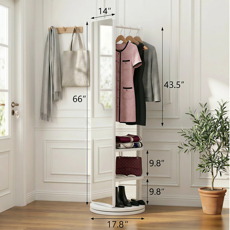 Miroir pleine grandeur pivotant à 360 ° en bois massif avec portemanteau et tablettes de rangement, miroir de plancher autoportant 66 po avec crochets pour chambre à coucher, salon, vestiaire
