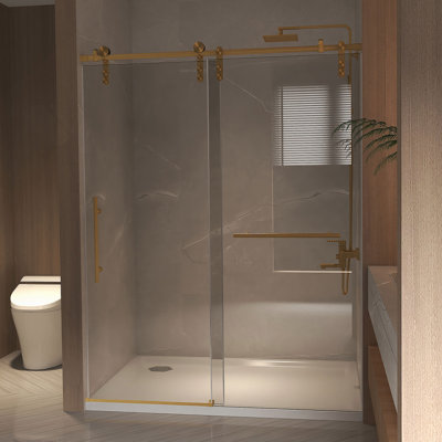 56-60" x 76" H Frameless Sliding Shower Door, 5/16" (8mm) Clear Tempered Glass, Stainless Steel Frame,Brushed Gold