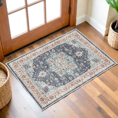 Tapis oriental lavable - Tapis pour le salon Tapis moelleux pour la chambre à coucher Imperméable à l'eau floral patiné intérieur résistant aux taches sans perte de poils (bleu / bleu sarcelle / orange)