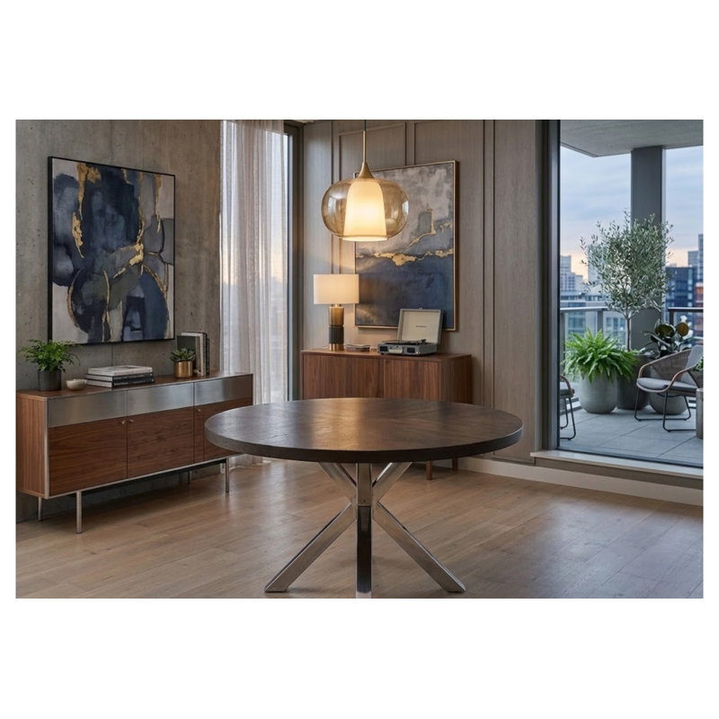 Pangea Home Round Remi Wood & Metal Dining Table – Modern Table - 6-Seater for Kitchen & Dining Room - Espresso Brown Wood Table with Silver Legs
