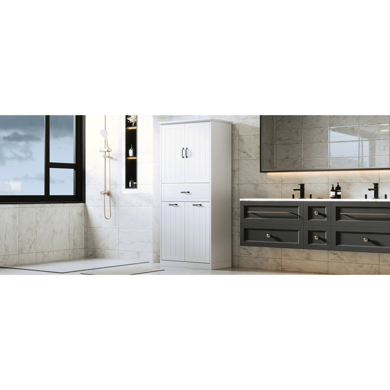 Armoire de salle de bain blanche avec deux lavabos. Fabrication, peint. Tablette réglable pour une utilisation polyvalente. Portes et tiroirs différents, surface peinte. Rangement personnalisable. Organisation personnalisée