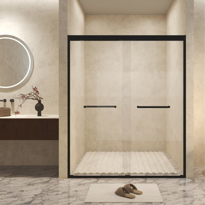 44-48" W × 72" H Tempered Glass With Explosion Proof Film, Aluminum Frame Double Sliding Shower Door, "1/4 (6 Mm), Stainless Steel Handle, Matte Black