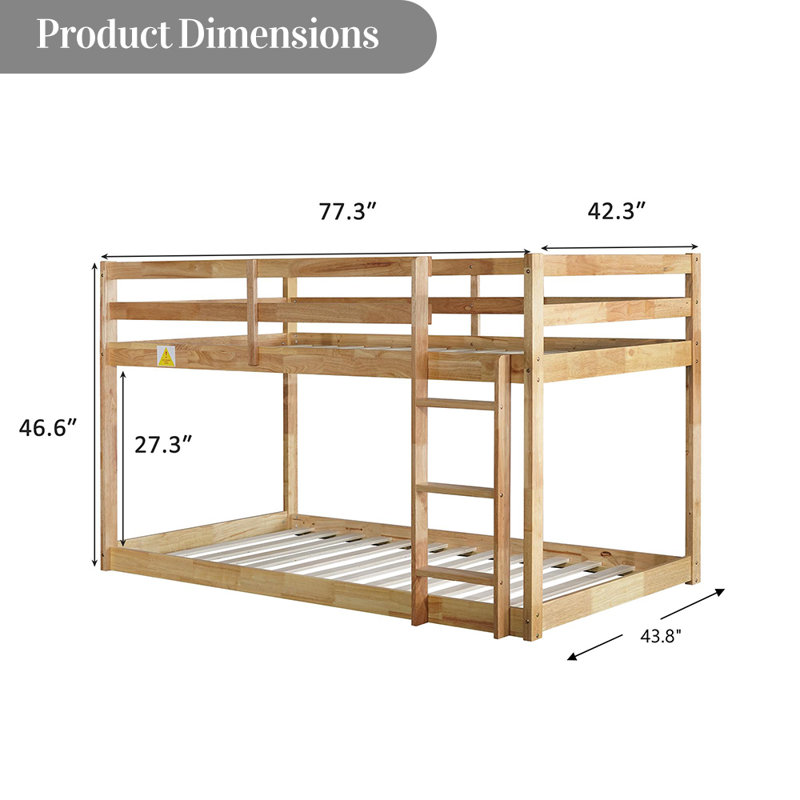 Bunk Bed Twin Over Twin With Ladder And Safety Guardrails, Solid Wood Low Bunk Beds Frame For Teens And Adults, Natural