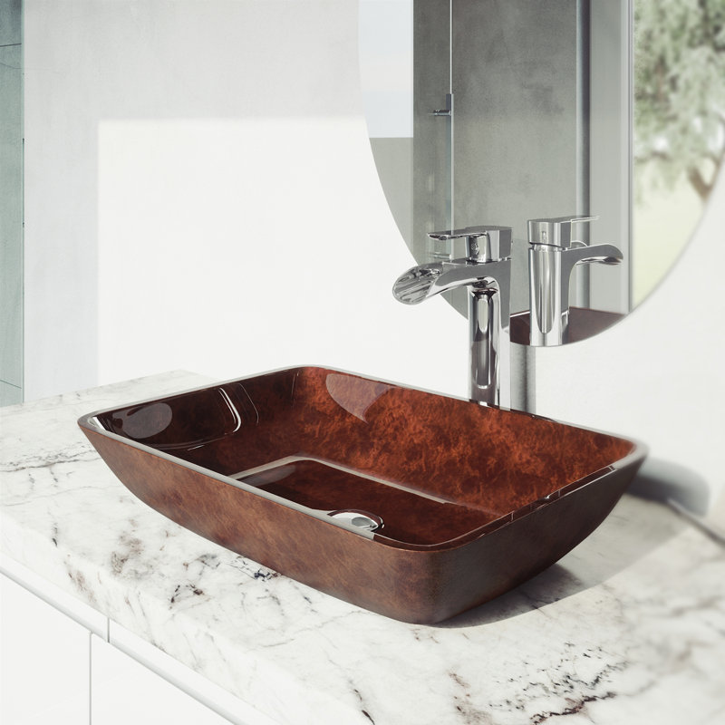 Onyx Rectangular Glass Vessel Bathroom Sink with 11" H Faucet, Chrome, Slate Grey