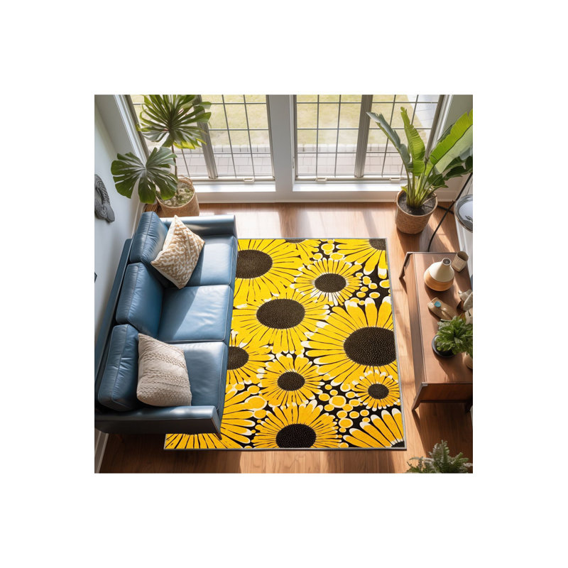Tapis jaune à motif de tournesol de style Waso, Sous-tapis rectangulaire 5 pi 1 po x 7 pi 7 po inc