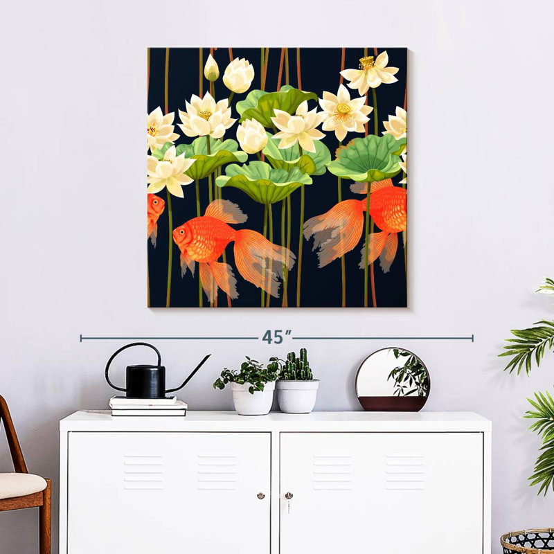 Poisson rouge Brampt et fleurs de lotus, H 30 po x l 30 po