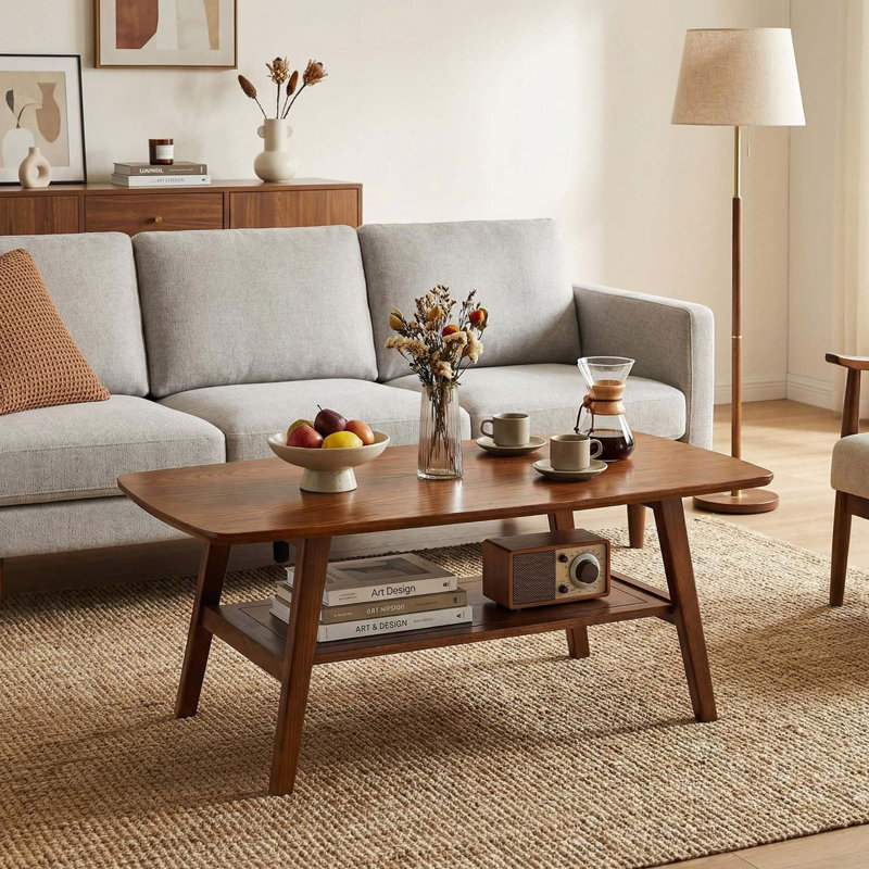 Table basse Mid-Century moderne en chêne massif avec rangement à 2 niveaux, Noyer
