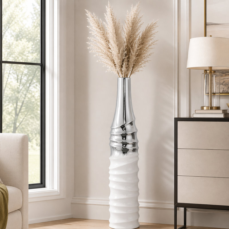 Vase de plancher en céramique Elegant, Argent/blanc