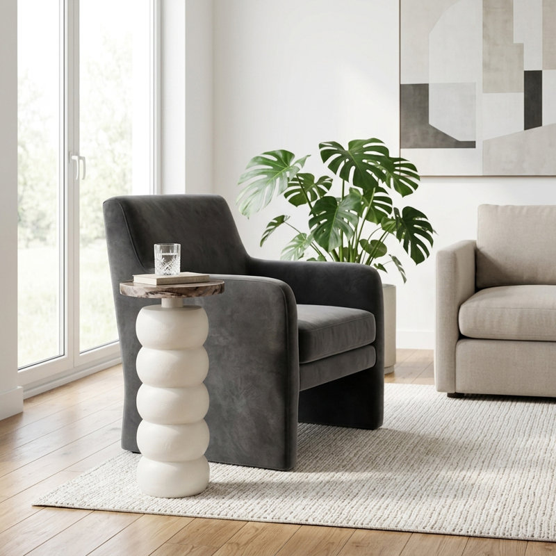 Doner Wood Accent Table with Sculptural Design Black-Brown Marble Top, Contemporary Modern Style 22" White