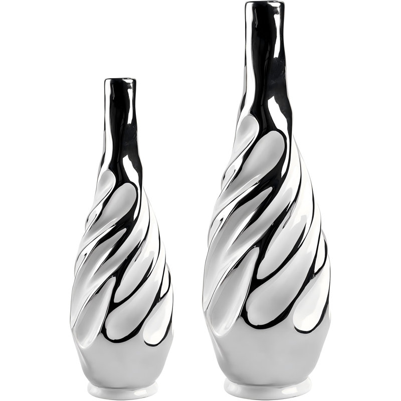 Ensemble de 2 vases en céramique, blancs et argentés, décor moderne pour le salon, fleurs séchées