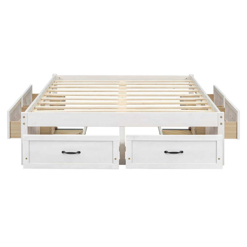Lit plateforme avec 6 tiroirs de rangement, Lit double, Blanc antique