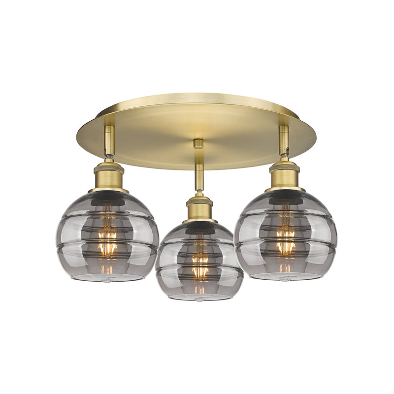 Plafonnier semi-encastré Glassoff, Laiton brossé, Gris fumée clair, H 8,88 po x l 17,63 po x P 17,63 po