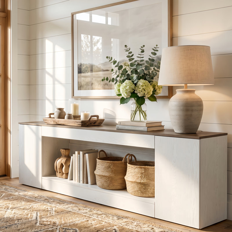 Console très longue 78,94 po avec rangement, canapé d'entrée à deux tons à profil bas avec armoires ouvertes et tablette ouverte