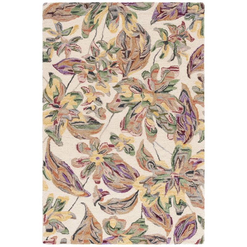 Alcindor Floral Hand Tufted Wool/Cotton Area Rug in Ivory/Plum, Rectangle 4' x 6'