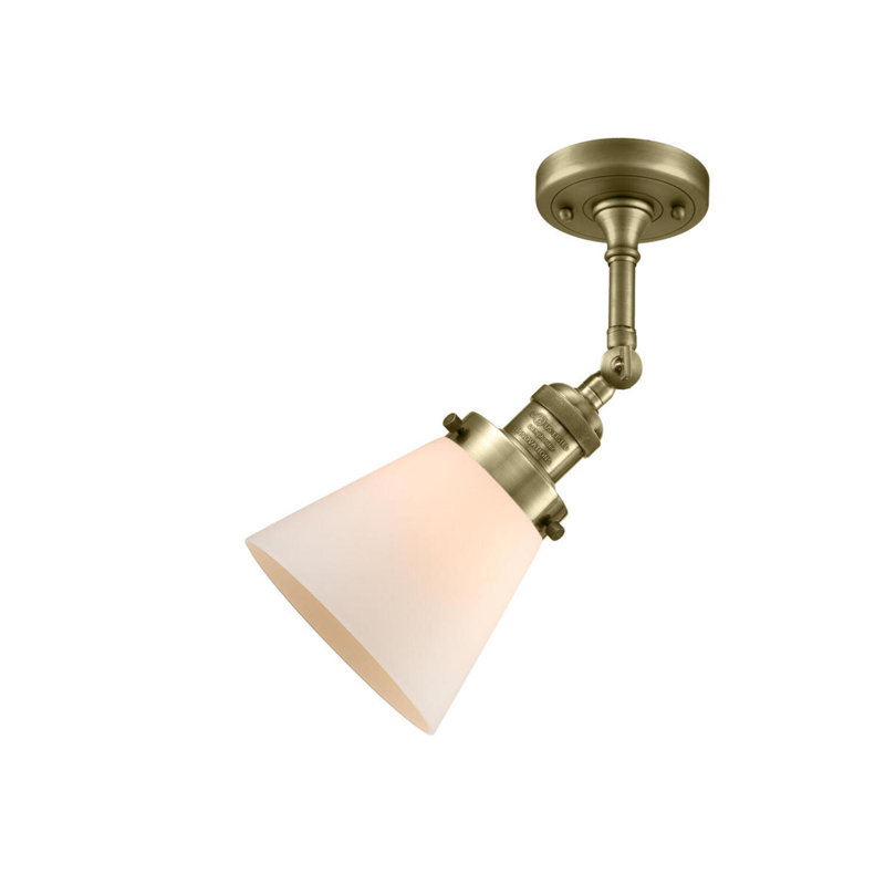 Applique murale 1 lumière Cone, Laiton antique, Boîtier blanc mat, Ampoule incandescente rétro 60 watts