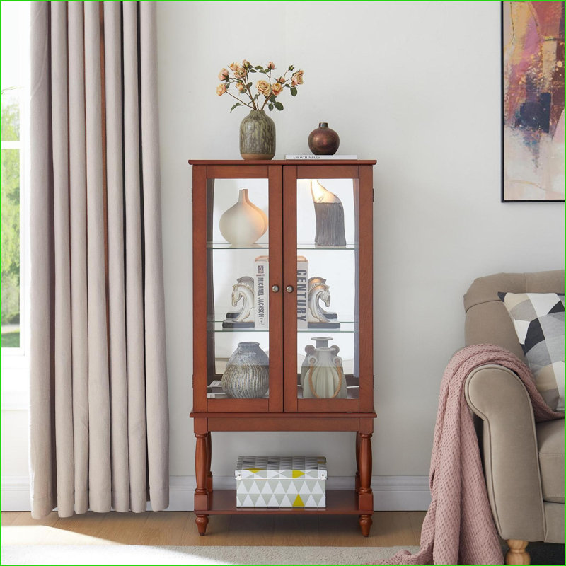 Cabinets Curio éclairés avec tablettes réglables en verre, dossier en miroir, pieds en bois massif, H 48 po | Traditionnel | Brun noyer
