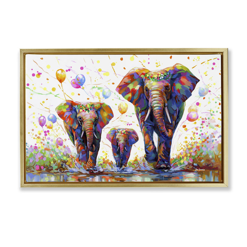 «Elephants & Celebration Ballons», toile flottante encadrée grise par Leon Devenice, Cadre flottant métallique doré