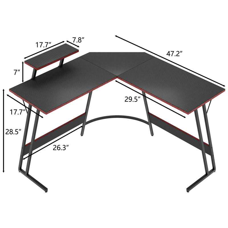 Sherri L Shaped Gaming Computer Desk with Large Monitor Stand, Black, 29" H x 47.24" W x 18" D