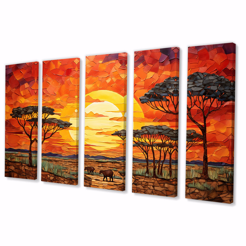 Savannah Sunset in African Safari Hues II - Boho Mosaic, art mural 5 pièces pour le salon, H 28 po x l 60 po