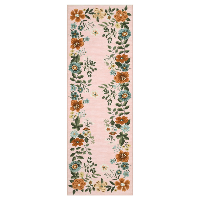 Floral Machine Washable Area Rug with Rubber Backing Non Slip Low Pile Aesthetics Carpet for Living Room Bedroom Office Playroom