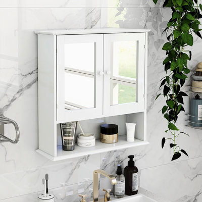 Élégante armoire murale de salle de bain avec portes à double miroir - tablettes réglables peintes en blanc pratiques et peu encombrantes Instructions d'assemblage incluses Nécessaire moderne