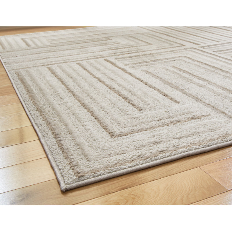 Cream and Taupe Geometric Tufted Wool 5' x 7' Rug