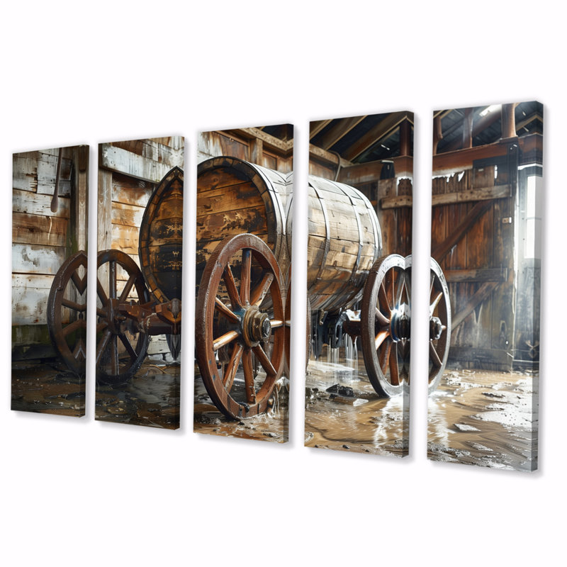 Brown Rustic Barrels Charm IV - Rustic Canvas Wall Art Set, 32" H x 80" W