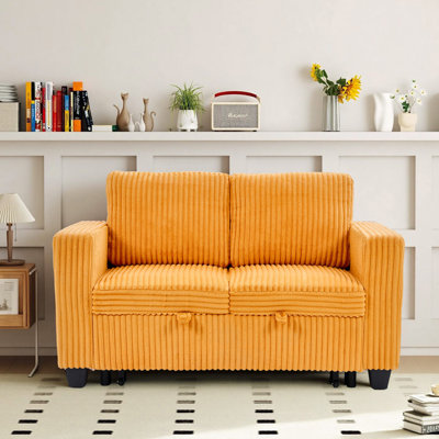 58.1 Inch Orange Corduroy 2-Seat Modular Sofa Bed, 2-in-1 Convertible Pull-Out Sleeper Couch for Small Spaces