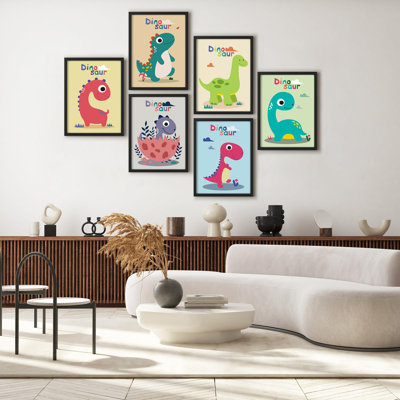 Reproduction d'art encadrée, reproduction de bébé, dinosaure, variété, animaux, enfants, art numérique, art moderne, chambre de bébé colorée pour le salon, la chambre à coucher, le bureau