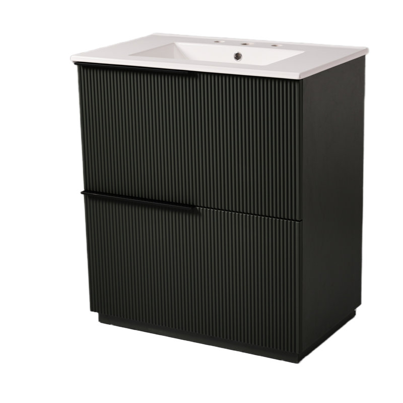 30" Bathroom Vanity In Hue, With Ceramic Sink, Full - Extension Drawers And Soft Close Undermount Slides For Functional Setup A Smooth Fluted Design Space Utilization