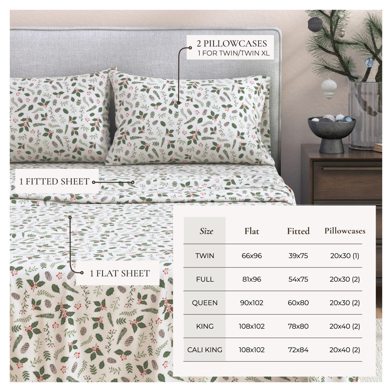 100% Turkish Cotton Flannel Christmas Sheet Sets, Little Holly, King with 2 Pillowcases