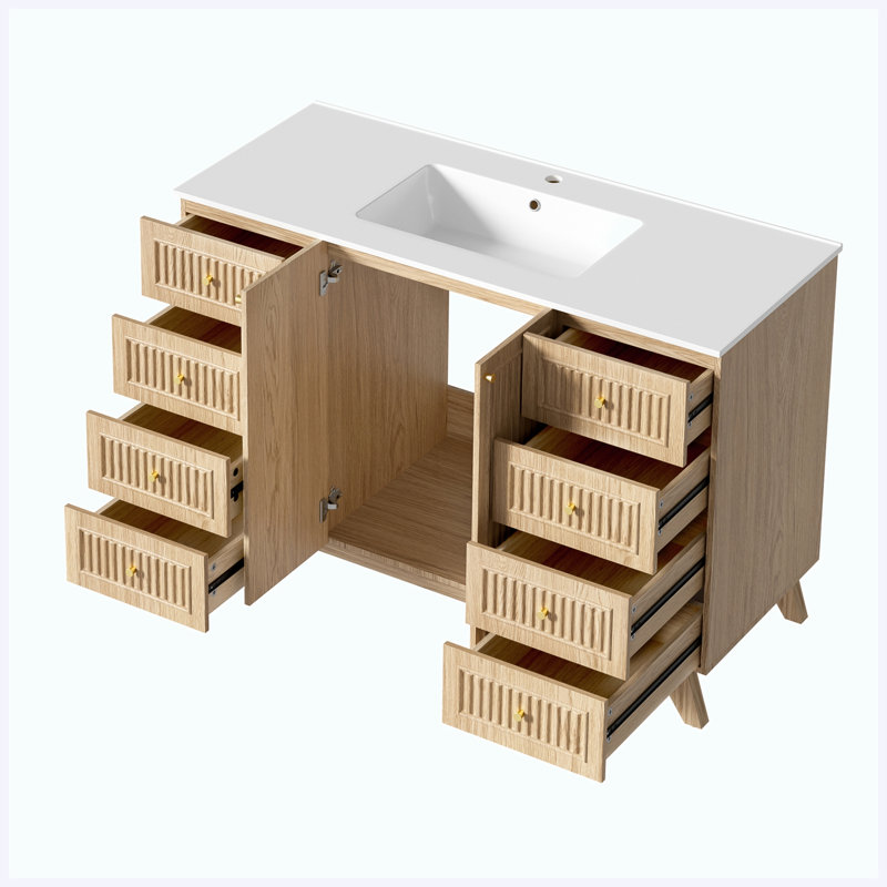 Meuble-lavabo moderne autoportant de 47,56 po avec lavabo simple, comptoir en SMC, armoire de rangement en MDF et portes à fermeture amortie.