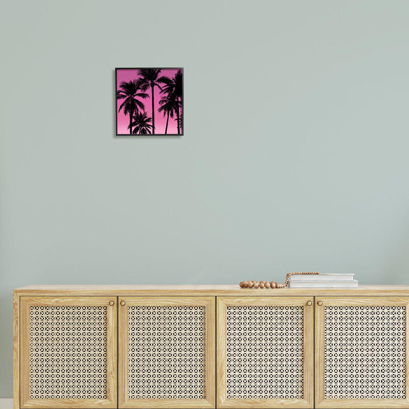 «Pink Tropical Sunset Palm Trees» par Mia Jensen - photographie à cadre flottant sur bois, Giclée encadrée noir minuit