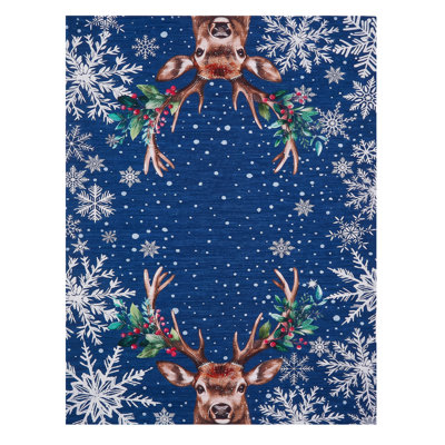Christmas Reindeer & Snowflake Tablecloth, 100% Polyester Slub Fabric Holiday Table Cover