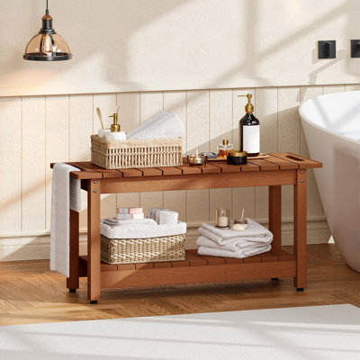 35.5" Shower Bench, HIPS Shower Stool with Shelf, Shower Seat 400 Lbs Capacity, Indoor & Outdoor Multi-Functional for Bathroom, Entryway, Garden, Teak
