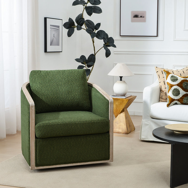 Holl 30" Wide Performance Linen Blend Fabric Upholstered Swivel Barrel Chair, No Assembly Required, Green Boucle