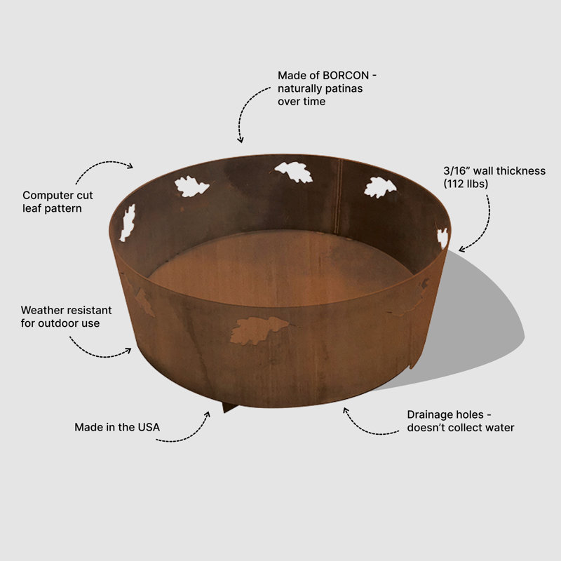36" Round Fire Pit For Outside Patio, Outdoor Wood Burning Firepit With Oak Leaf Garland Cutout, Raw Steel, 112 LBS, Heavy Duty