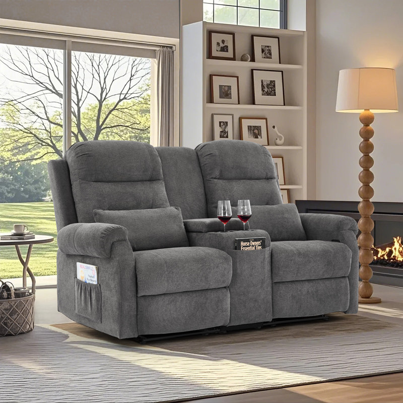 Canapé-lit inclinable manuel 65,7 po avec console de rangement et porte-gobelets, Gris