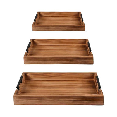 Ensemble de 3 plateaux de service gigognes en bois avec poignées, plateau décoratif rustique en bois de sapin massif rustique pour table basse, repose-pieds, cuisine