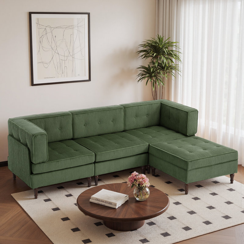 4 - Piece Upholstered Green Tufted Corduroy Modular Sectional with Pillow Back and Removable Flip-Tray Top Storage Ottoman