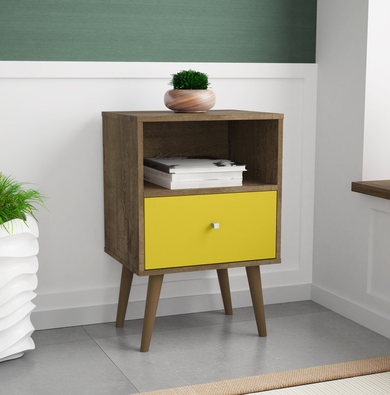 Liberty 18" W Mid-Century Modern 1-Drawer Nightstand in Rustic Brown and Yellow, Rustic Brown/Yellow