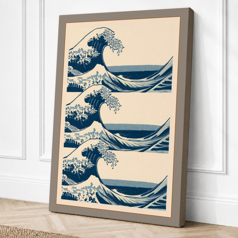 Great Wave Triptych Japandi - Wrapped Canvas, 24x16 - 61.0 x 40.6 cm, Taupe Border