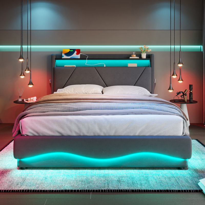4ft6 Ottoman Bed With Led, Usb And Storage Headboard Velvet Beige, Double (4'6), Grey