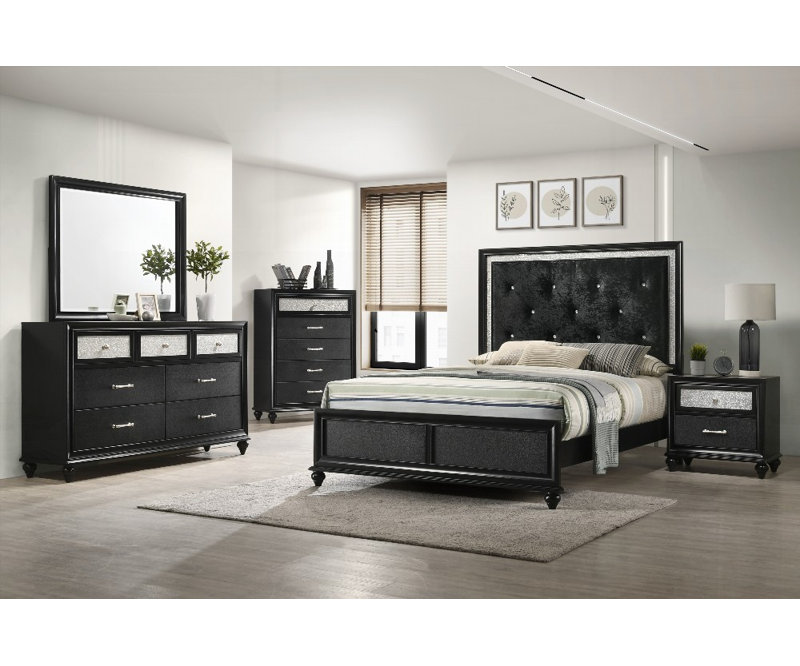 Lit à panneau tapissier à finition noire de grande taille Modern Glam avec pas de sommier, bois massif et amp; Fabrication en tissu