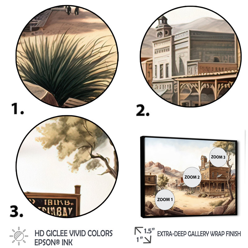 Wild West Town III - art mural occidental, Cadre flottant noir, H 12 po x l 20 po x P 1 po