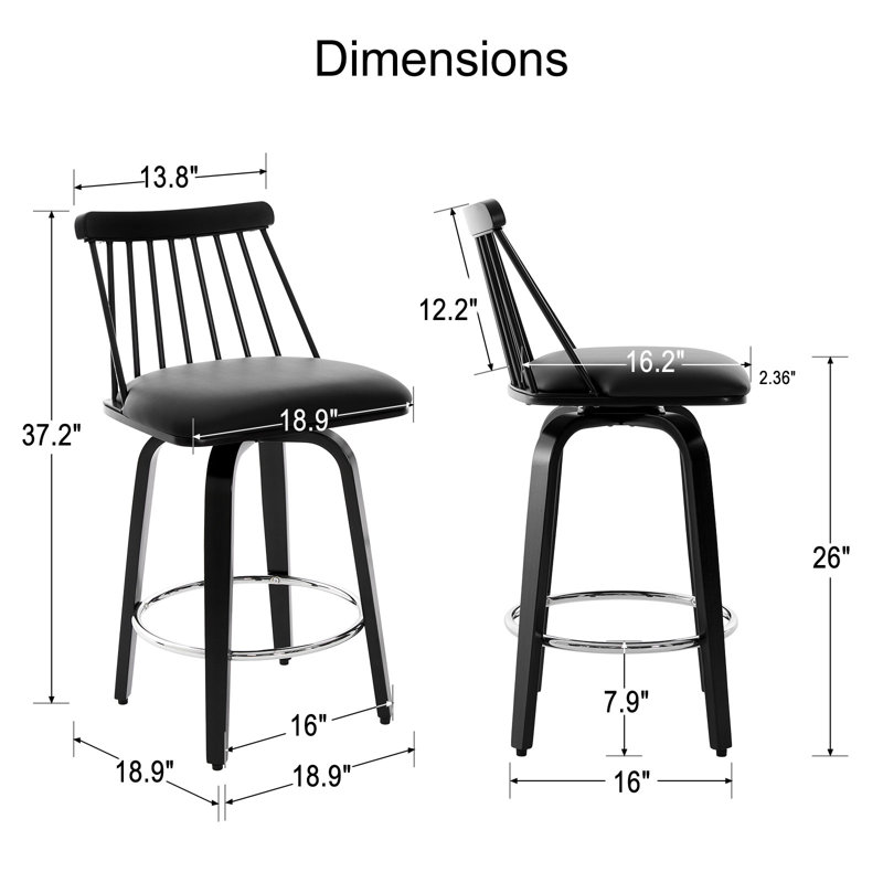 26" Swivel Upholstered Counter Height Bar Stools, Black