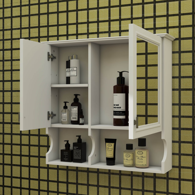 Pharmacie à miroir de 30 pouces avec tablettes ouvertes, rangement mural avec portes, intérieur réglable, Blanc